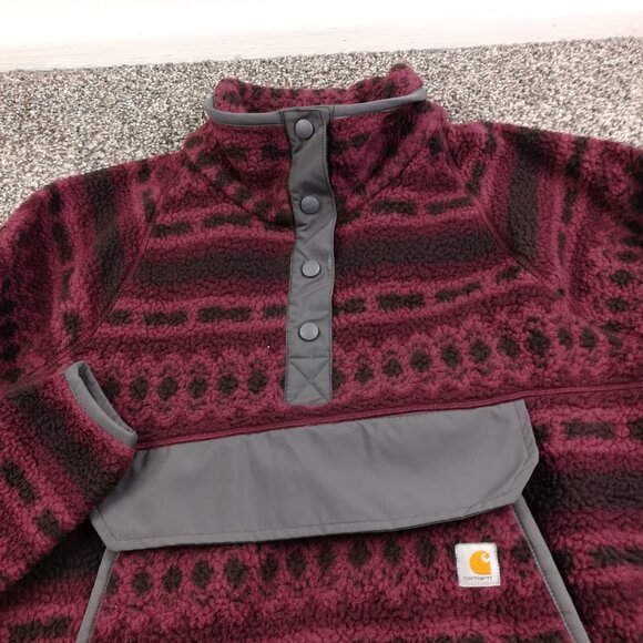 Carhartt Jacket Sherpa Fleece Geometric Aztec 1/4 Snap Red Womens Large 104922 - Picture 2 of 8